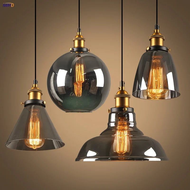 Afralia™ Loft Smoke Gray Glass LED Pendant Lamp - Vintage Brass Hanging Light