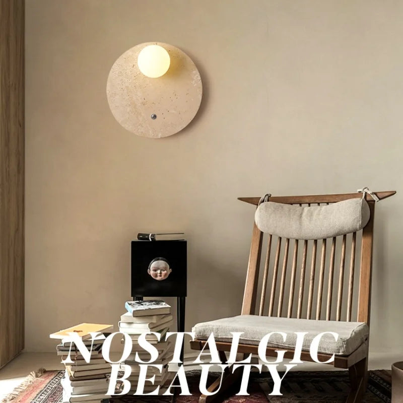 Afralia™ White Glass LED Wall Lights Yellow Travertine Stone Modern Disc Switch Bedside Lamp