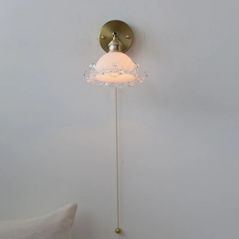 Afralia™ White Glass Copper LED Wall Sconce with Pull Chain Switch
