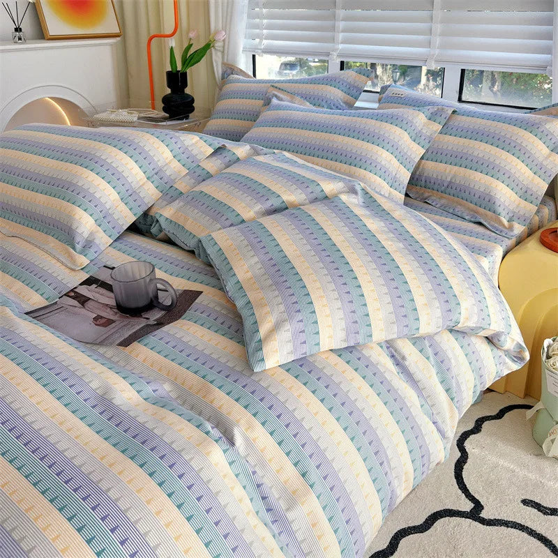Afralia™ Cotton Stripe Comforter Cover Set for Single Double Bed - Autumn Winter