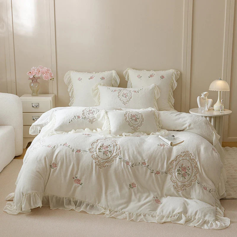 Afralia™ Velvet Rose Flowers Ruffles Princess Bedding Set with Embroidery