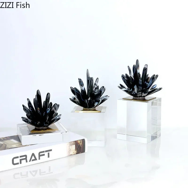 Afralia™ Black Agate Flower Crystal Art Desk Decoration on Crystal Base
