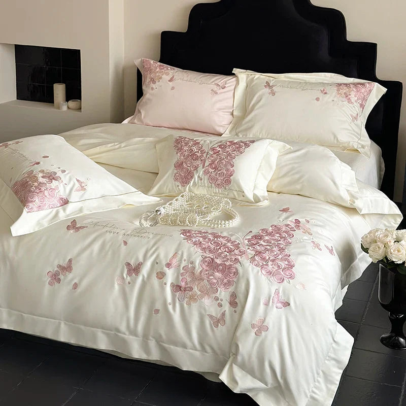 Afralia™ Rose Butterfly Embroidery 1000TC Egyptian Cotton Bedding Set in Cream White