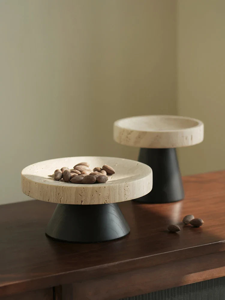 Afralia™ Luxury Travertine Fruit Tray & Marble Salad Bowl Set on Pedestal Stand