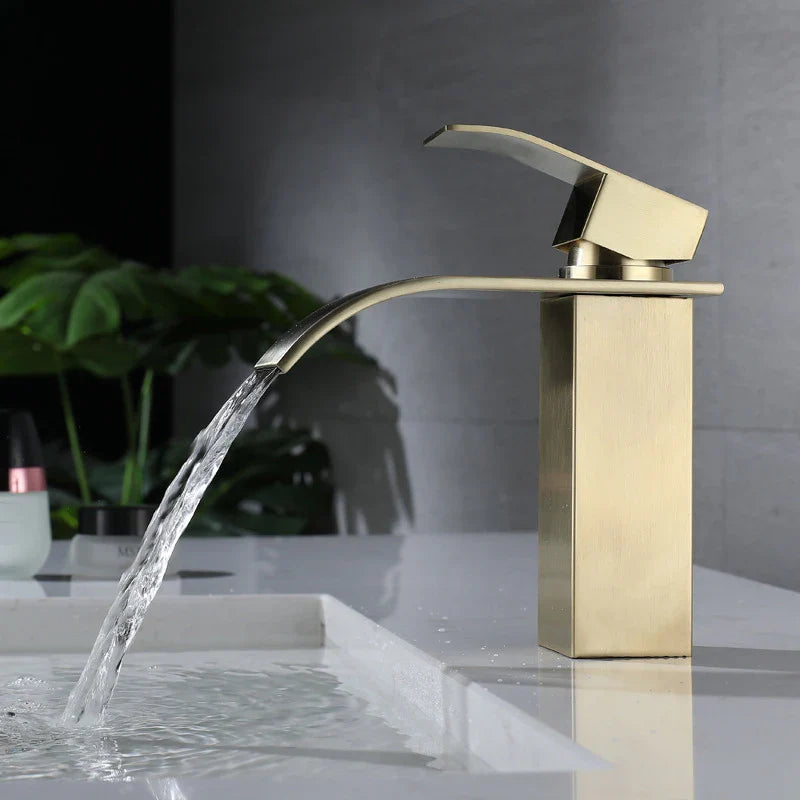 Afralia™ Brushed Gold Stainless Steel Basin Faucet Deck Mounted Hot Cold Mixer Tap