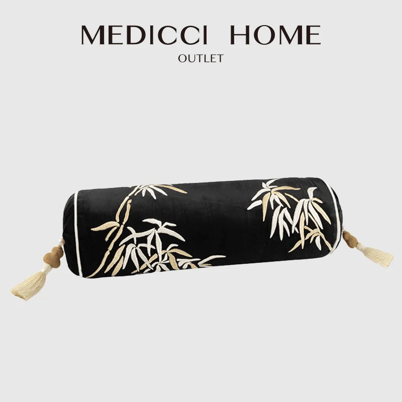 Afralia™ Bamboo Leaves Embroidery Bolster Pillow Covers - 18x55cm
