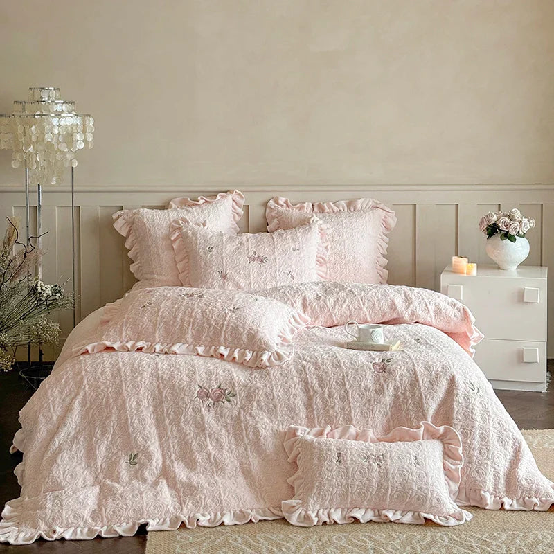 Afralia™ Pink Winter Milk Velvet Floral Ruffles Bedding Set