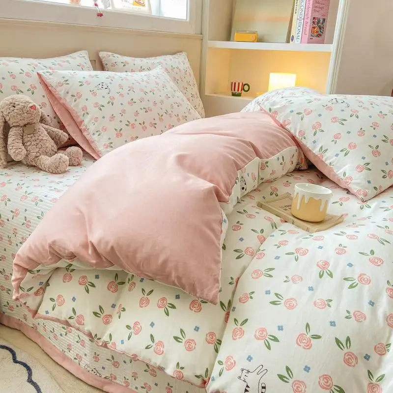 Afralia™ Cartoon Cat Floral Duvet Set, Girls' Pink Bedding Collection