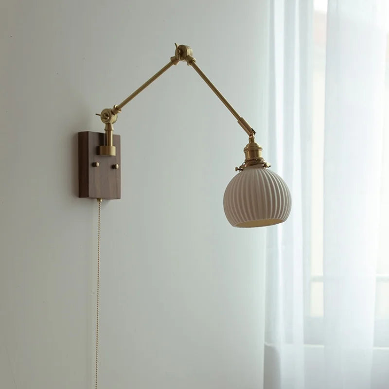 Afralia™ Ceramic Ball Brass Walnut Wood Wall Light with Pull Chain Switch
