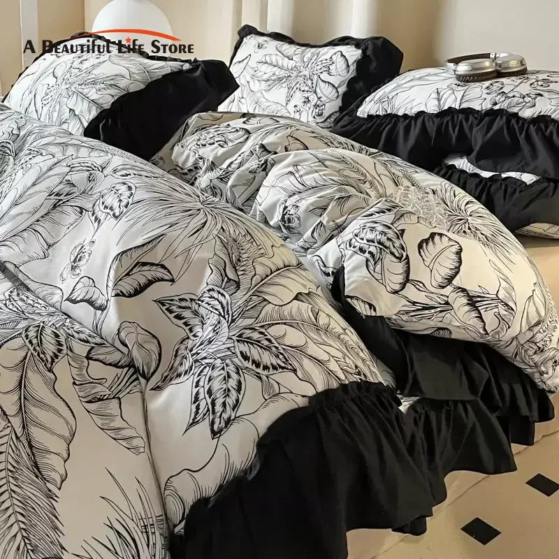 Afralia™ French Vintage Black Ruffles Duvet Cover Set with Pillowcases, Nordic Luxury Flowers Plant Bedding Set