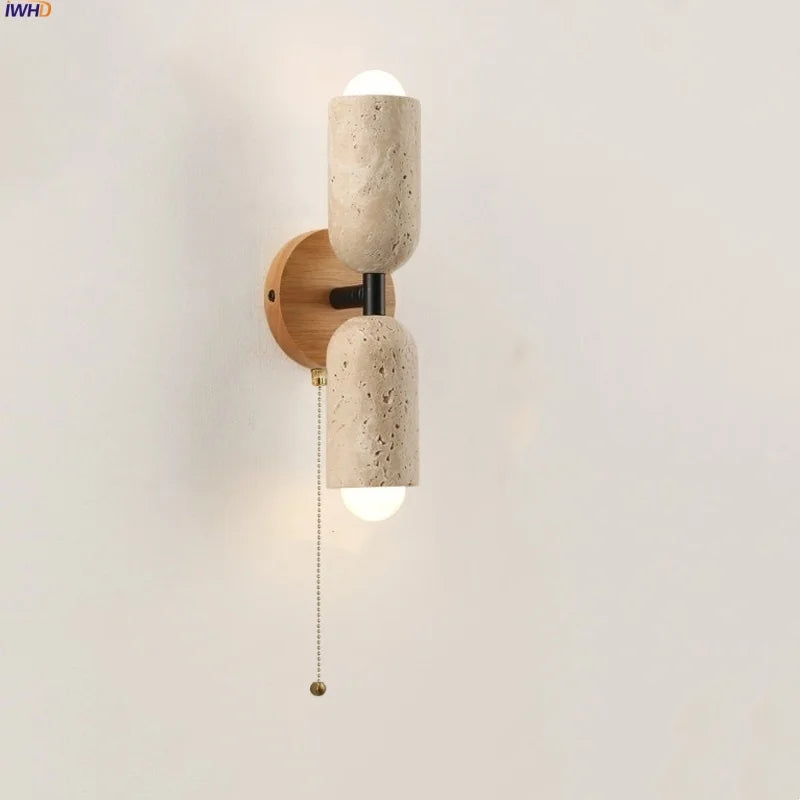 Afralia™ LED Wall Light Fixture Travertine Stone Wood Canopy Bedside Lamp