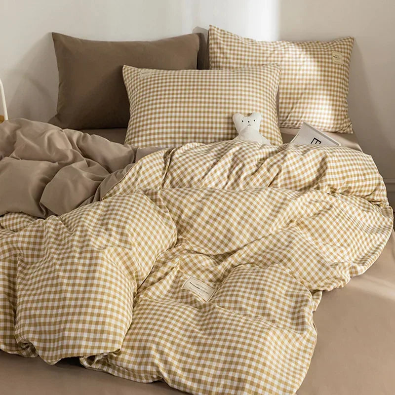 Afralia™ Japanese Grid Print Bedding Set for All Seasons, Queen/King Size Quilt Cover