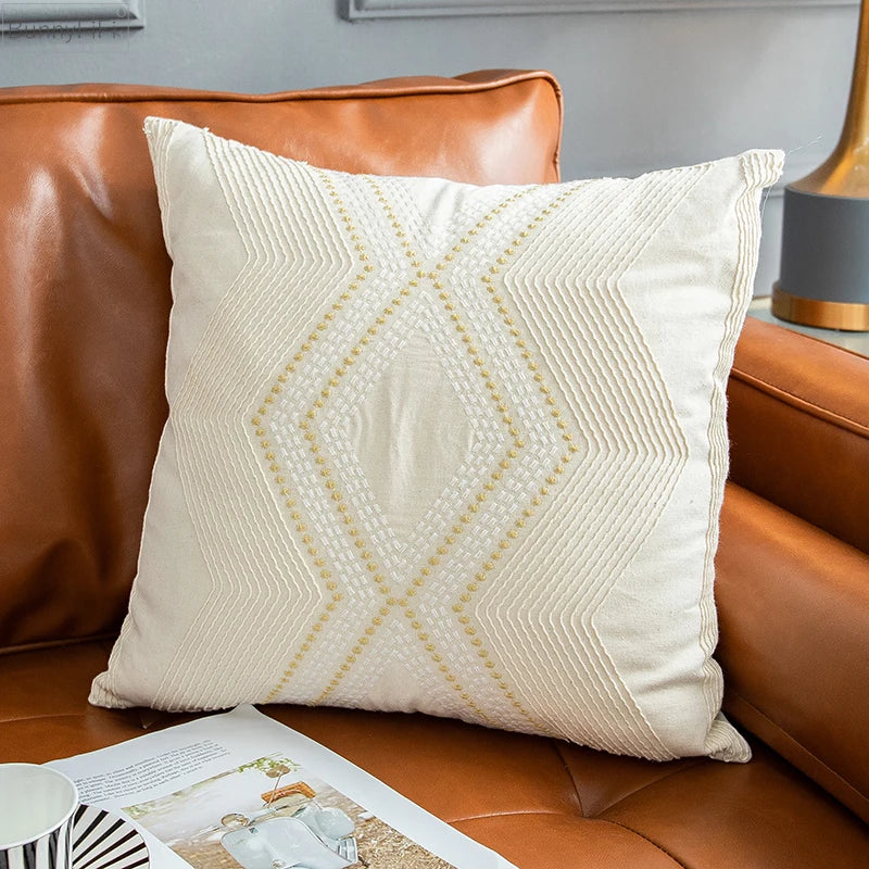 Afralia™ Geometric Ivory Vintage Cushion Embroidery Cover - Home Decor for Living Room