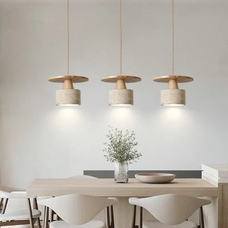 Afralia™ Yellow Travertine LED Pendant Lamp with Natural Wood Accent