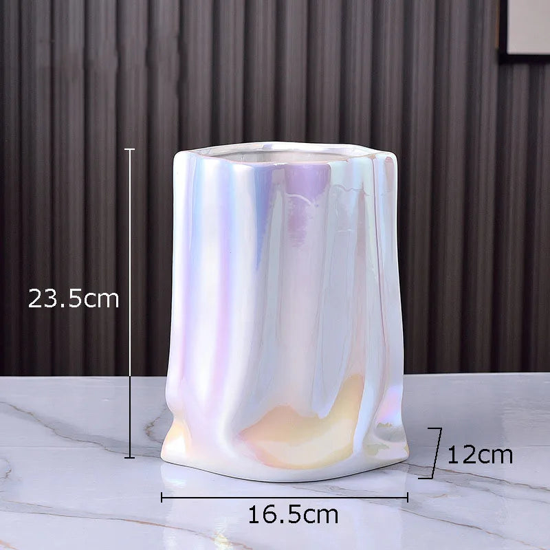 Afralia™ Gold Plated Pleated Texture Ceramic Vase for Desk Decor and Flower Arrangements