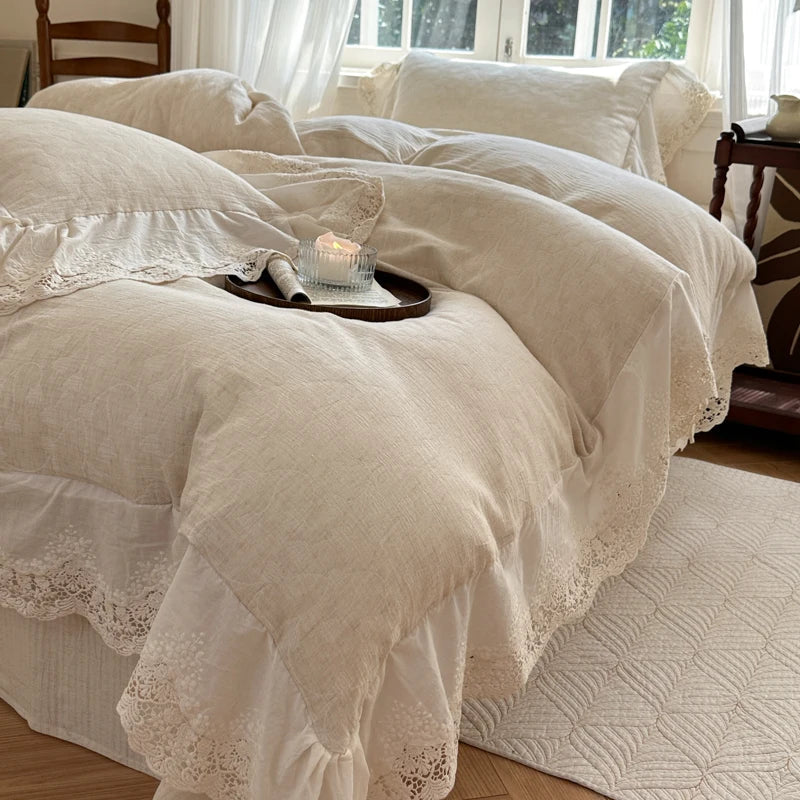 Afralia™ Jacquard Linen Cotton Ruffles Bedding Set with French Lace in Natural Skin Tone