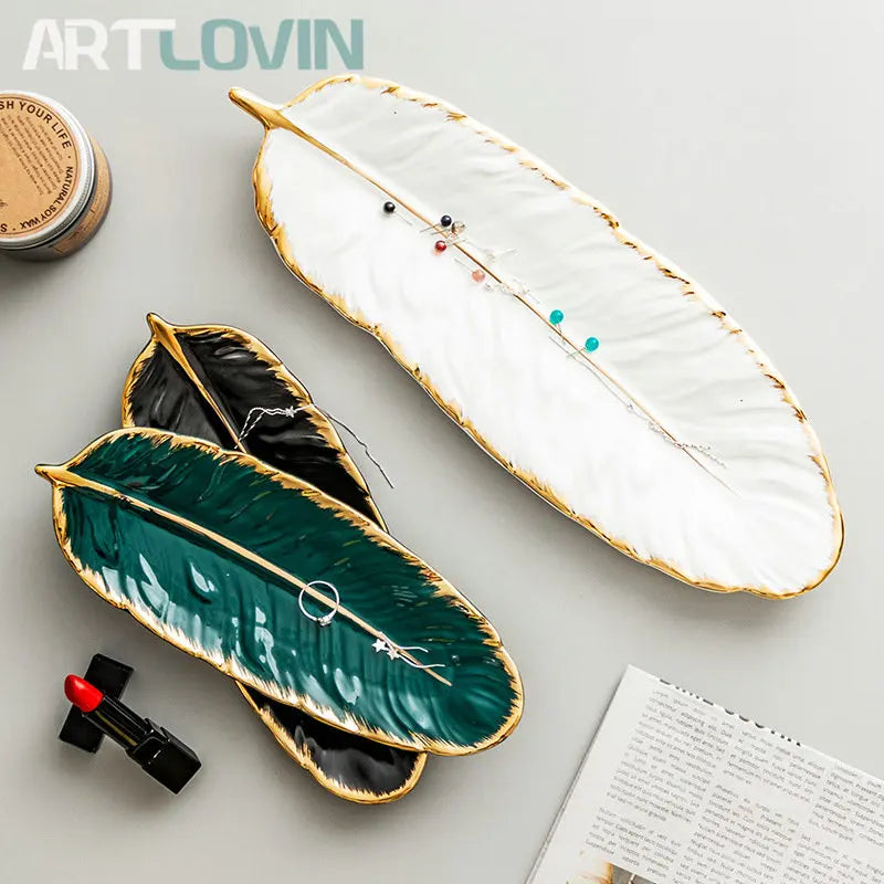 Afralia™ Feather Design Ceramic Plate Set - Tableware Accessories & Jewelry Tray
