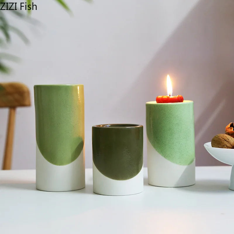 Afralia™ Green Cylinder Candle Holder Set for Romantic Home Decor