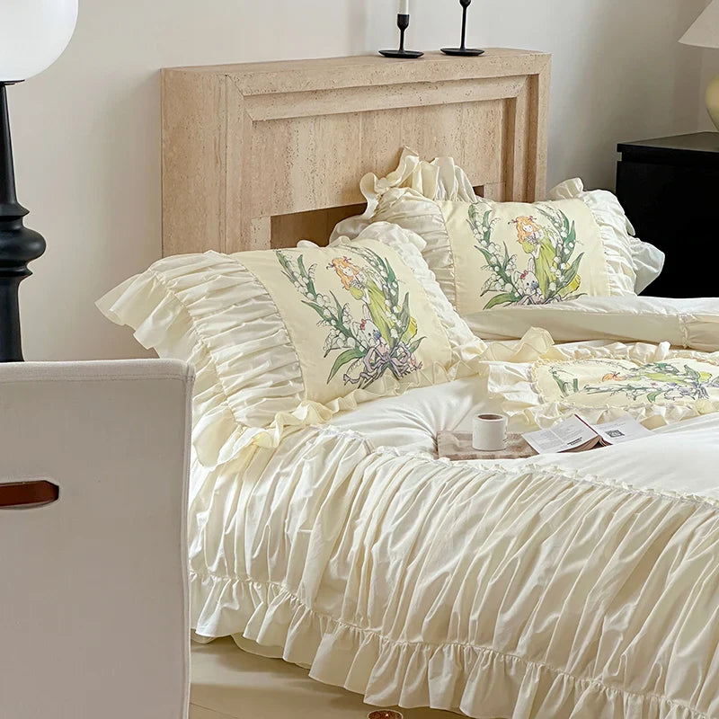 Afralia™ Nordic Lace Ruffles Vintage Princess 100% Cotton Bedding Set