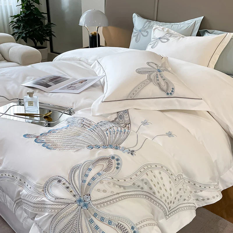 Afralia™ Luxury Butterfly Embroidery Wedding Bedding Set with 100% Egyptian Cotton Quality