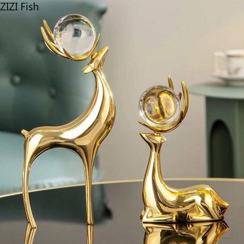 Afralia™ Golden Deer Crystal Ball Antler Sculpture - Room Decor