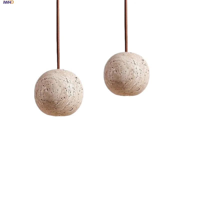 Afralia™ Wabi Sabi LED Pendant Lamp Yellow Travertine Stone Ball Hanging Light