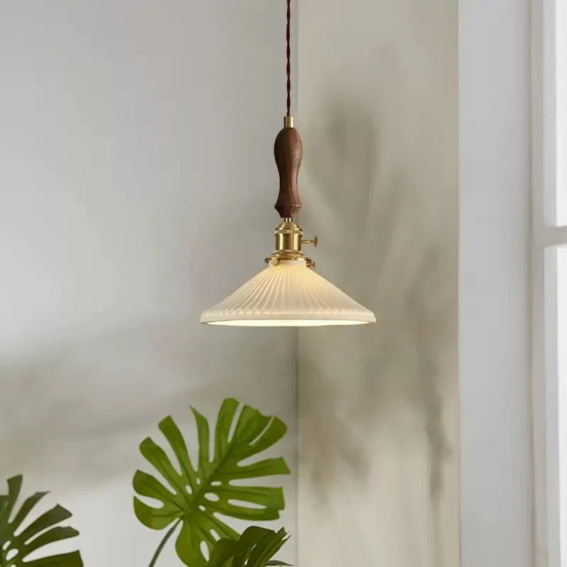 Afralia™ Ceramic LED Pendant Lamp with Wood Handle for Bedroom, Living Room, Dining - Vintage Japanese Style