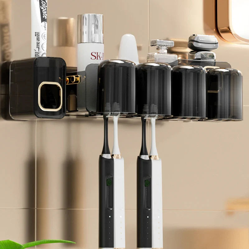 Afralia™ Inverted Toothbrush Holder with Automatic Toothpaste Squeezer & Makeup Storage Rack