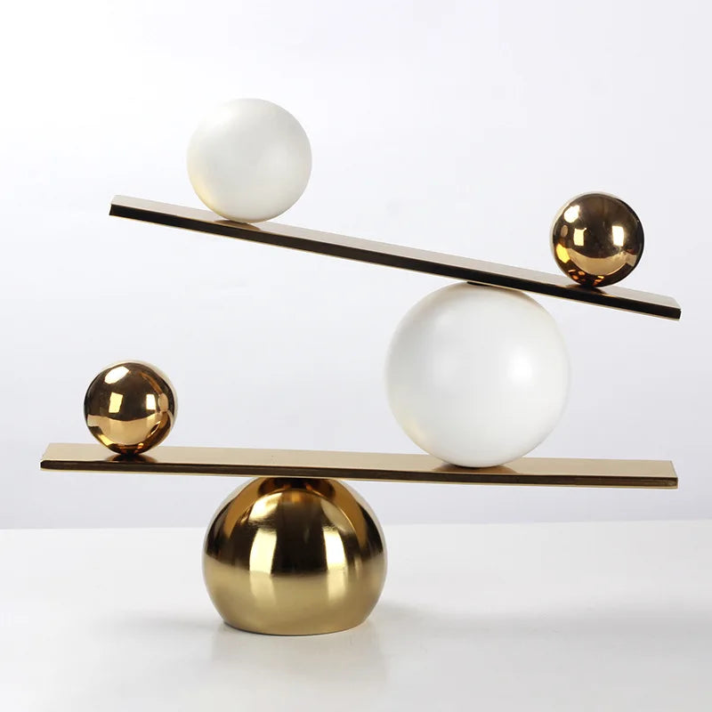 Afralia™ Geometric Golden Ball Metal Seesaw Ramp Figurines for Home Decor
