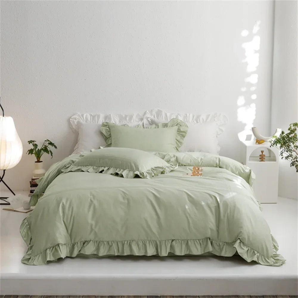 Afralia™ Light Green Flounce 600TC Egyptian Cotton Bedding Set - Queen/King Size