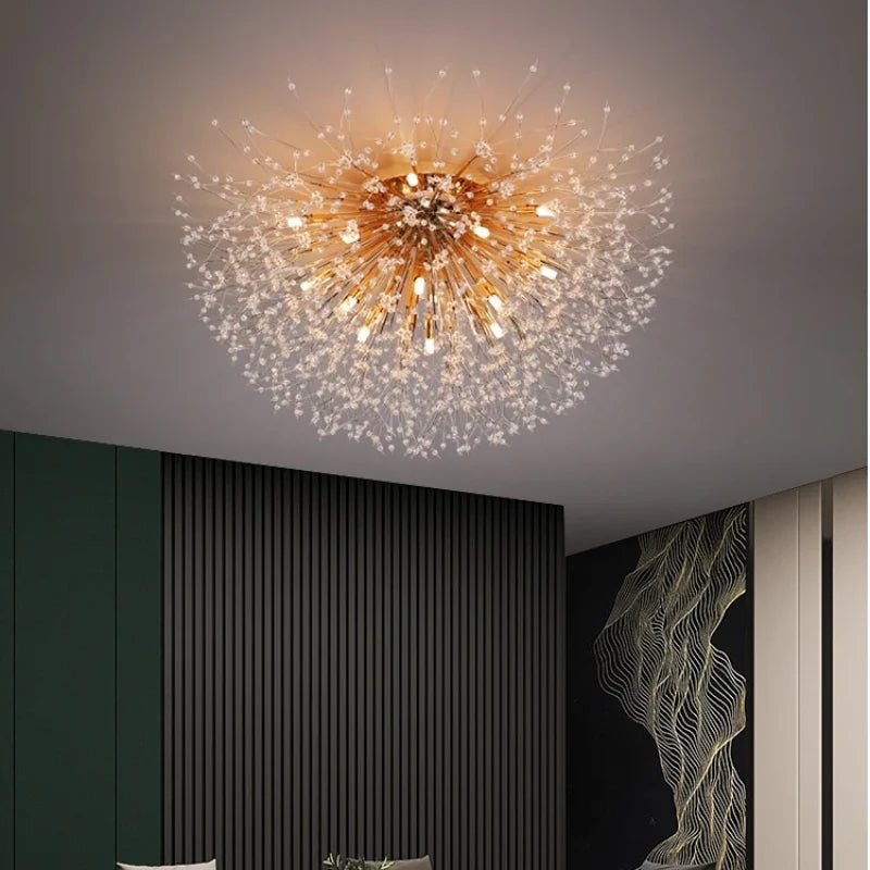 Afralia™ Golden Dandelion Crystal Chandelier: Warm Nordic LED Ceiling Lamp for Romantic Living Room.