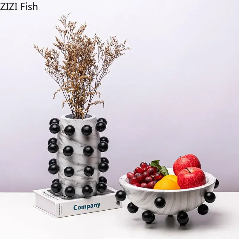 Afralia™ Marble Pattern Vase with Artificial Flowers for Desk Decoration and Home Display