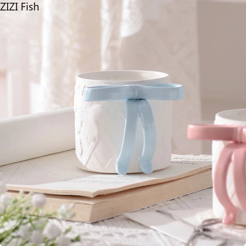 Afralia™ Bowknot Ceramic Mug & Saucer Set - Tea, Coffee, Juice Cup for Dining Table