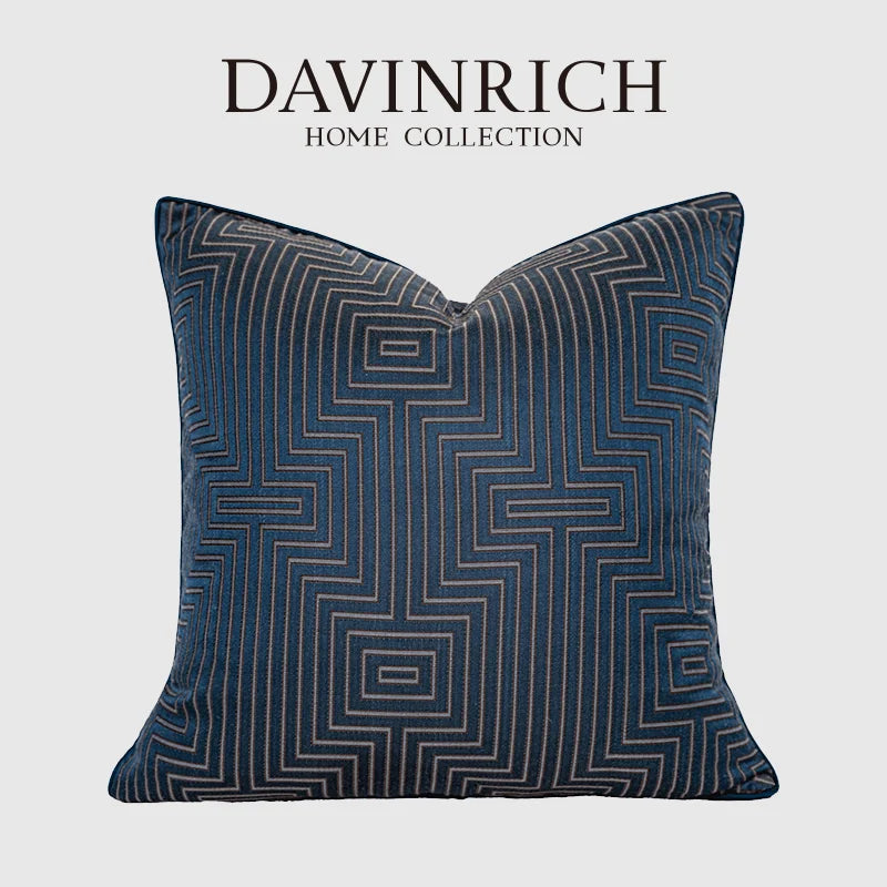 Afralia™ Navy Blue Chinoiserie Cloud Geometry Jacquard Throw Pillow 45x45cm for Home