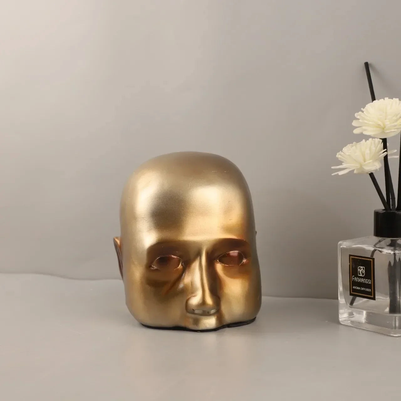 Afralia™ Golden Head Half Face Resin Sculpture Abstract Portrait Home Decor Figurine