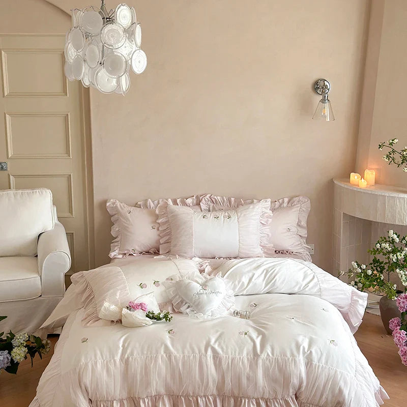 Afralia™ Rose Embroidery Lace Ruffles Bedding Set 1000TC Egyptian Cotton Duvet Cover Flat Sheet