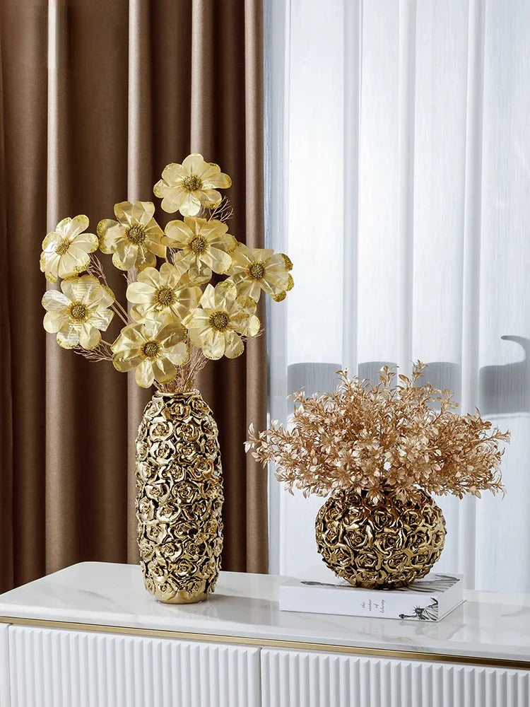 Afralia™ Elegant Gold Ceramic Rose Vase for Modern Home Decor & Wedding Centerpieces