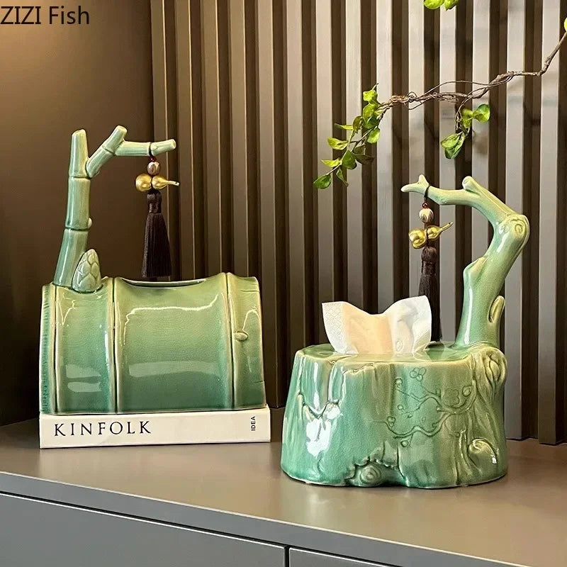 Afralia™ Bamboo Tissue Box: Ceramic Green Bamboo Design for Coffee Table & Desk Decor