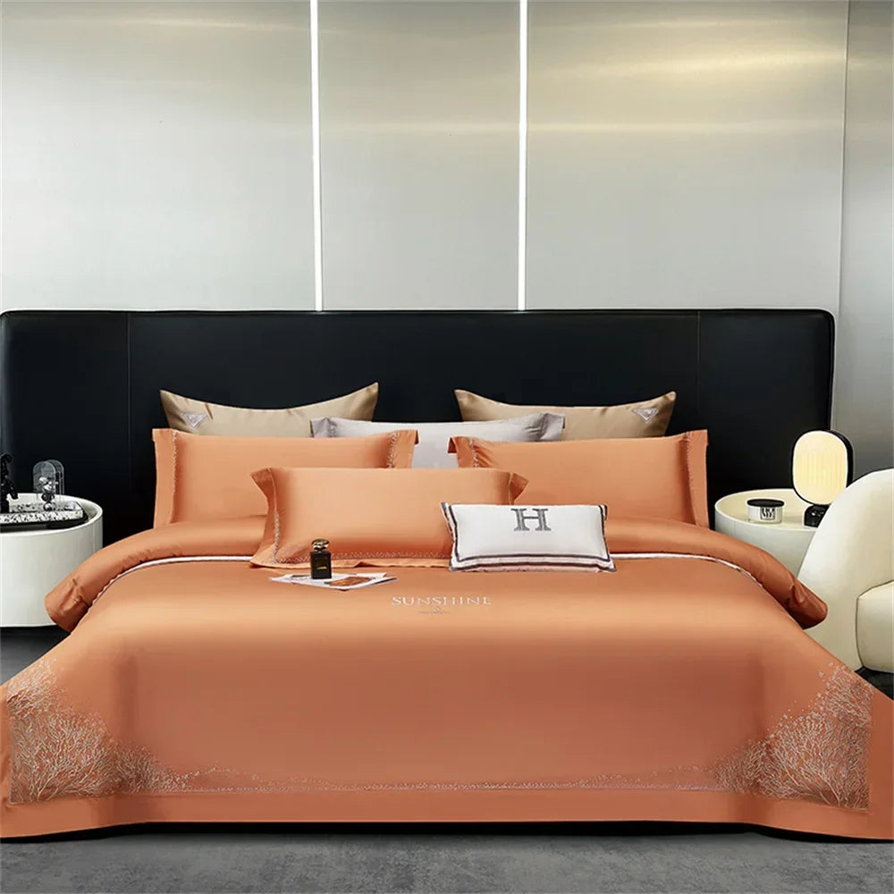 Afralia™ Jacquard Embroidery Egyptian Cotton Satin Bedding Set with Elastic Sheet