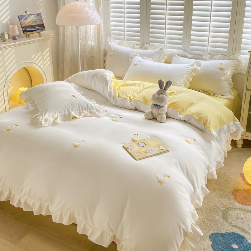 Afralia™ Cartoon Embroidery 100% Cotton Bedding Set King Queen Bedclothes