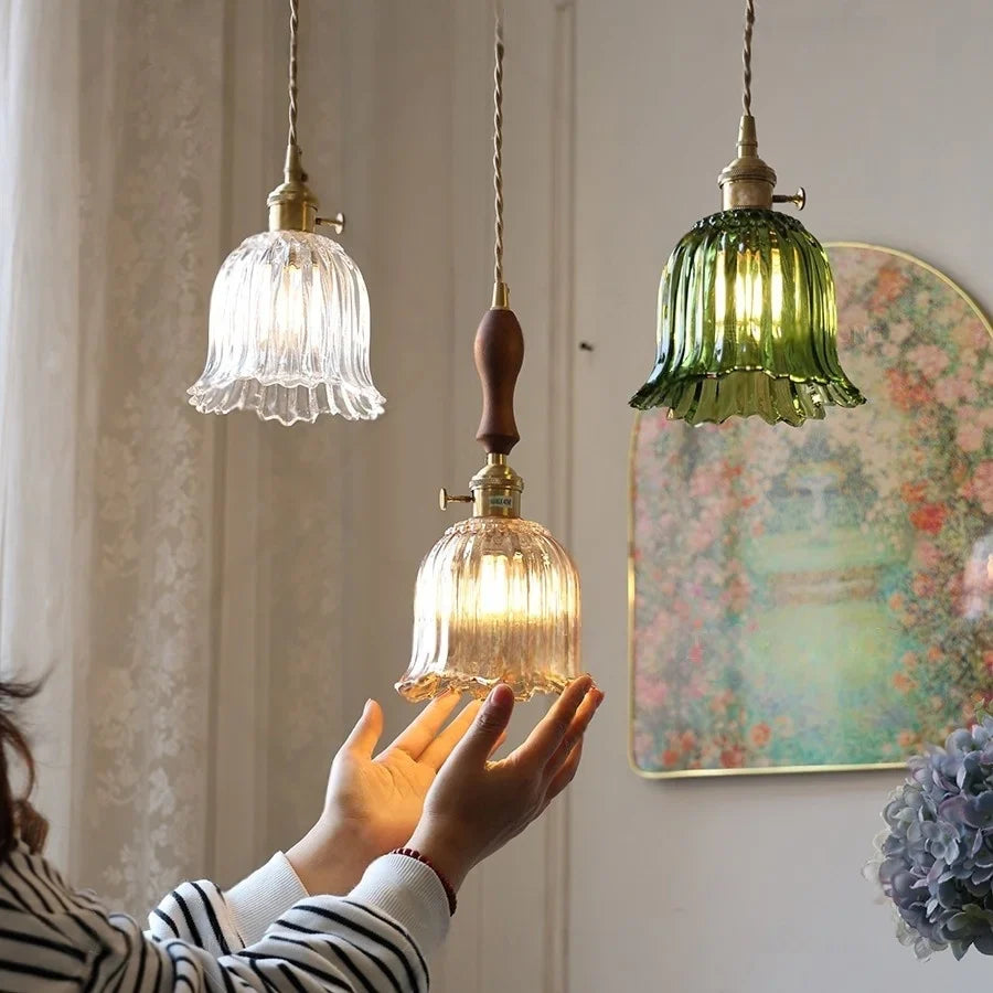 Afralia™ Walnut Wood LED Pendant Light Fixture with Glass Lampshade and Knob Switch