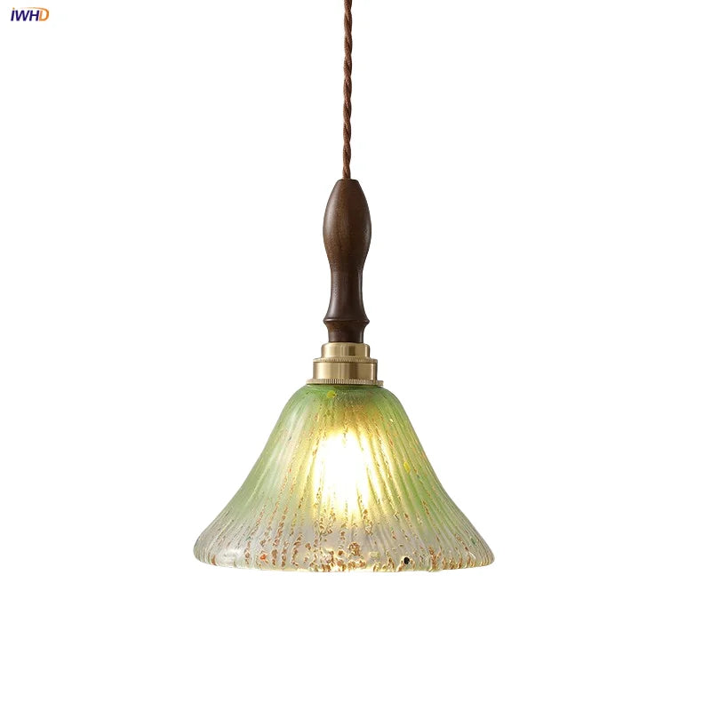 Afralia™ Walnut Wood LED Pendant Lamp with Cyan Glass Shade