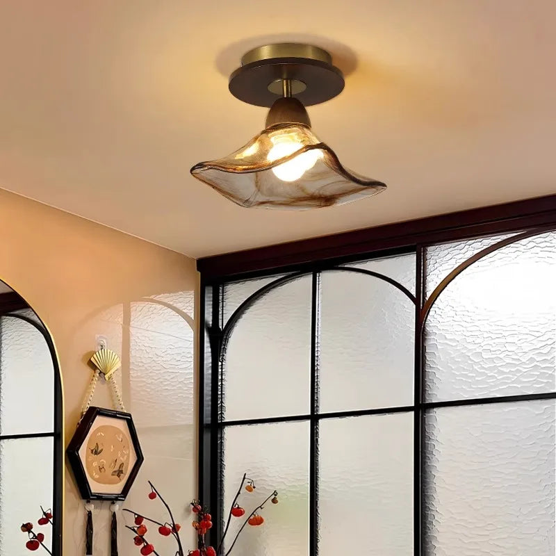 Afralia™ Amber Glass LED Ceiling Light - Japan Style Vintage Wood Luminaires