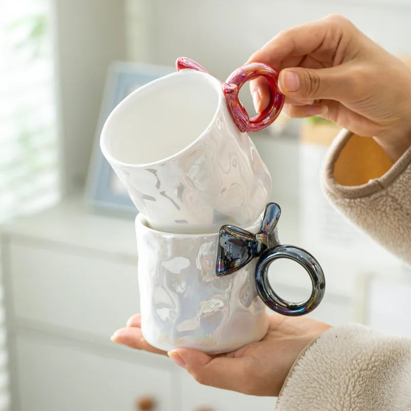 Afralia™ Shiny Ribbon Handle Coffee Mug - Girl's Gift, Afternoon Tea Accessories