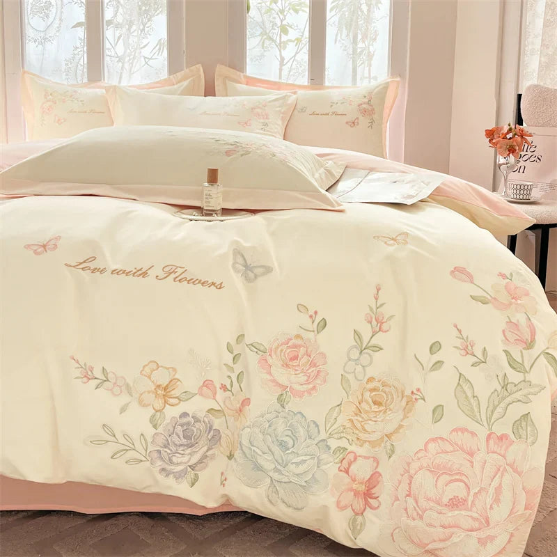 Afralia™ Floral Butterfly Embroidery Cotton 4Pcs Bedding Set, Beige/Pink Theme