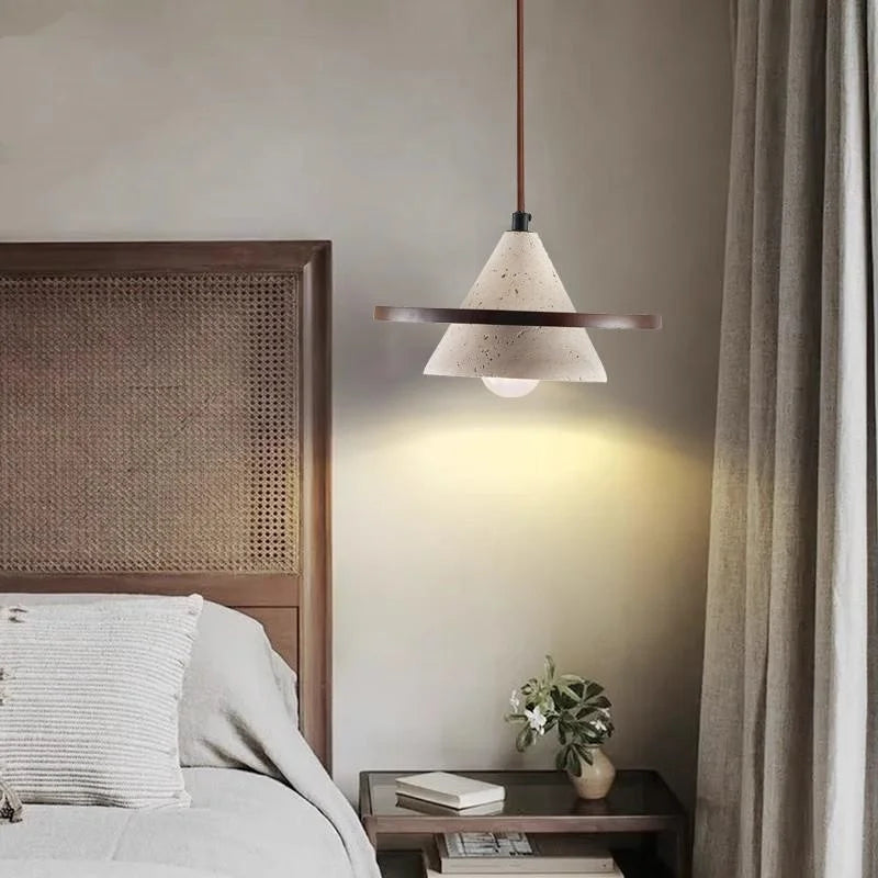 Afralia™ Wabi Sabi Yellow Cave Stone Wood LED Pendant Light Fixture