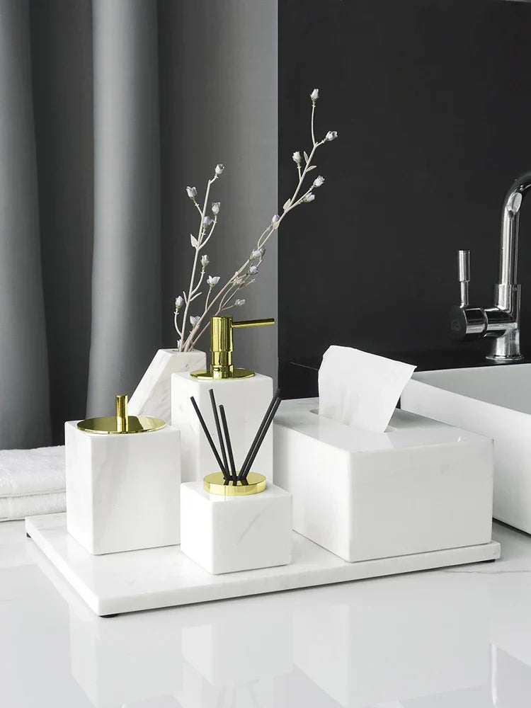 Afralia™ Volakos White Marble Bathroom Set: Soap Dispenser, Makeup Rack, Vanity Tray