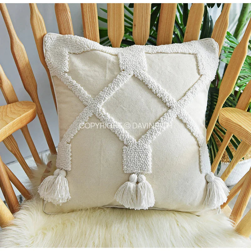 Afralia™ Ethnic Tufted Cushion Case, Pure White Handmade Throw Pillow Cover