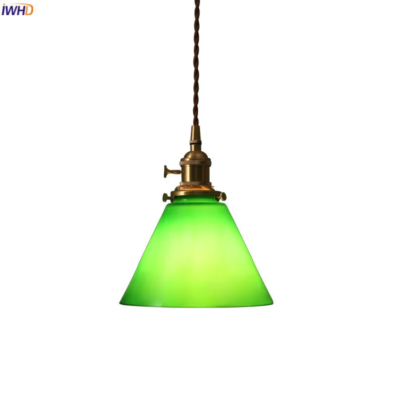 Afralia™ Triangle Green Glass LED Pendant Lights: Vintage Copper Hanging Lamp for Home Decor