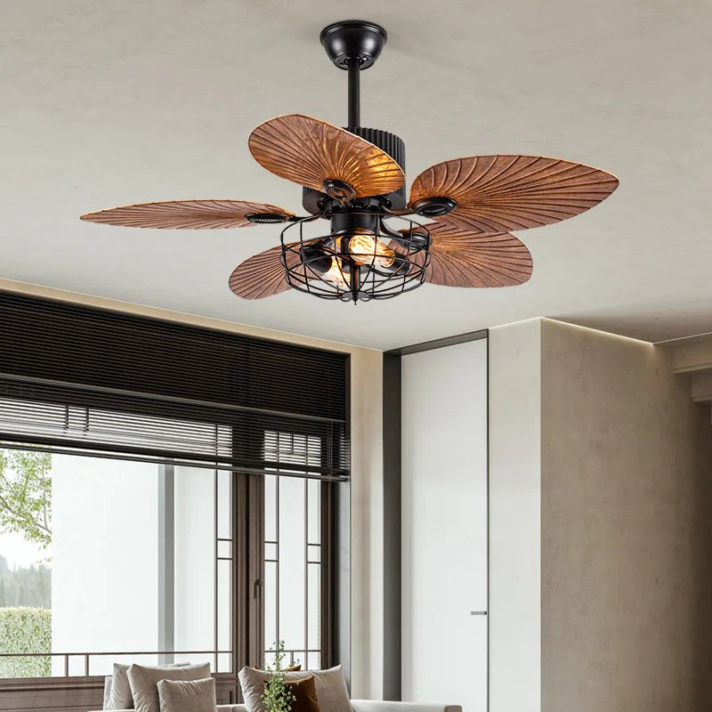 Afralia™ Retro Palm Leaf Ceiling Fan with Strong Power and Pendant Light
